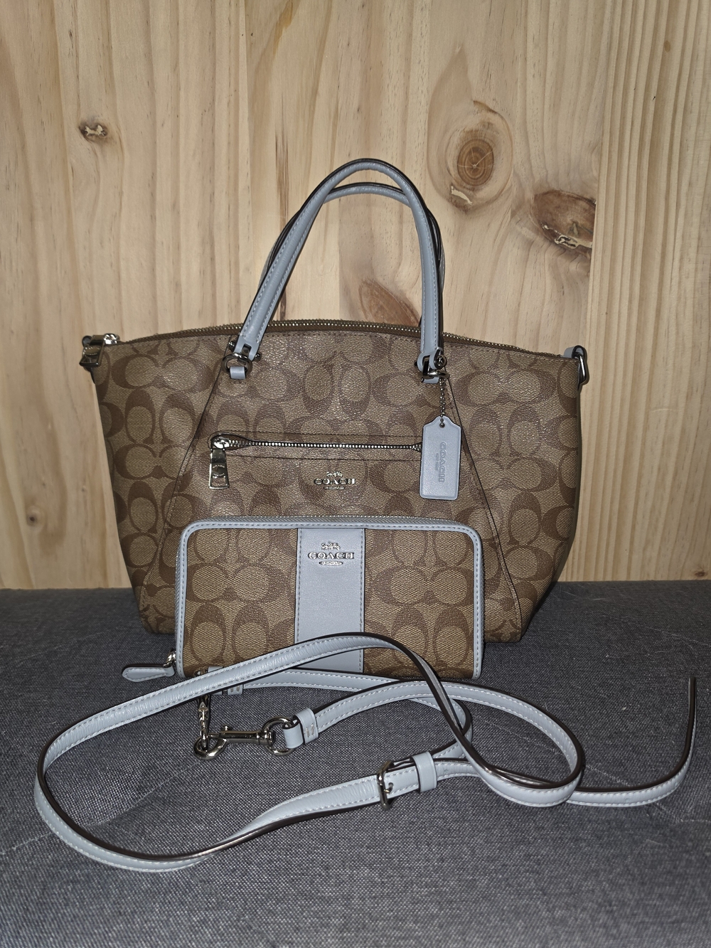 Coach Brown Signature Canvas Tote with Chalk Trim and Matching Wallet